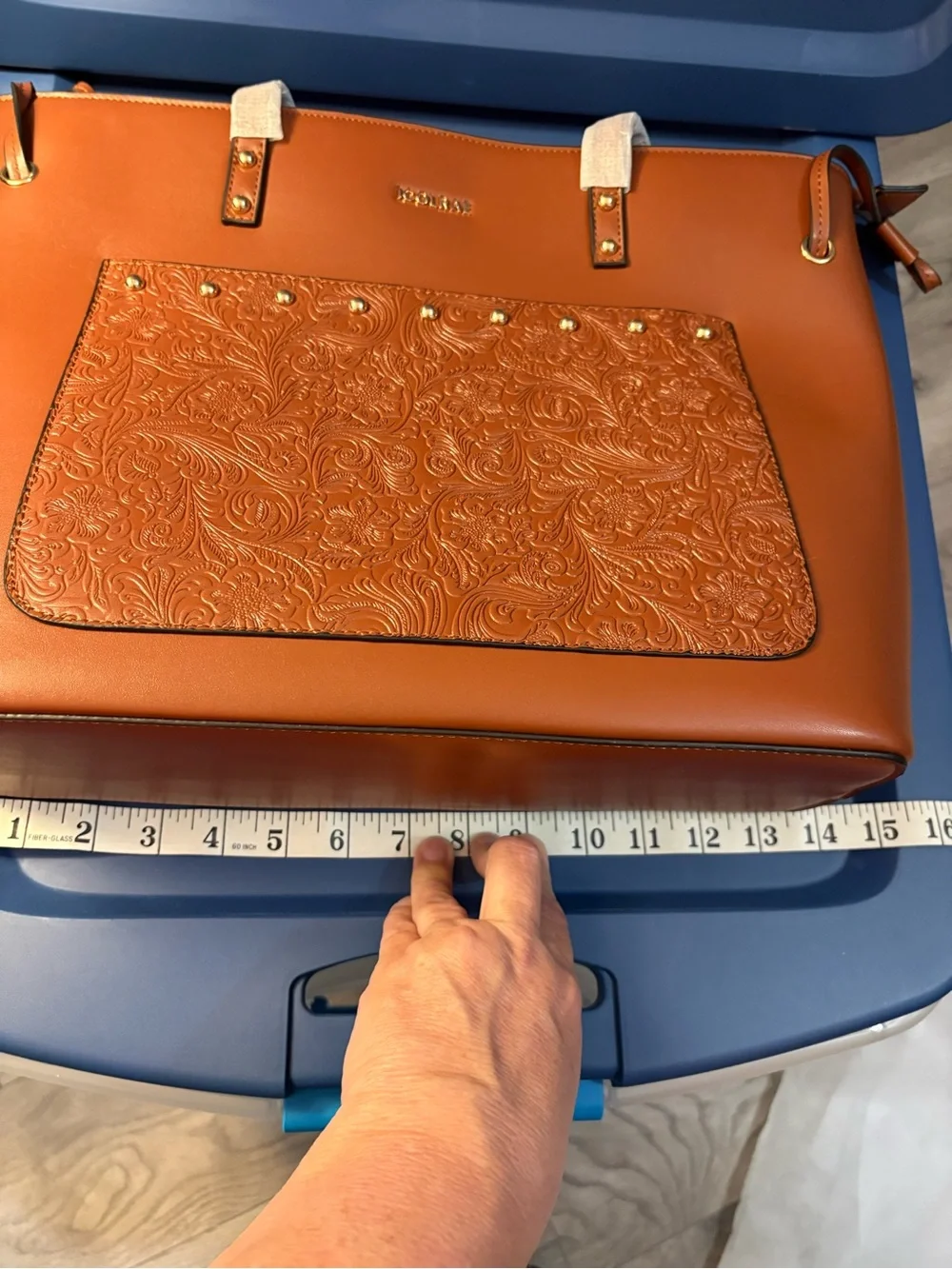 NWT ICOLRAE Cognac Brown Embossed Tooled Tote Bag & Wristlet Set Boho - Picture 12 of 13